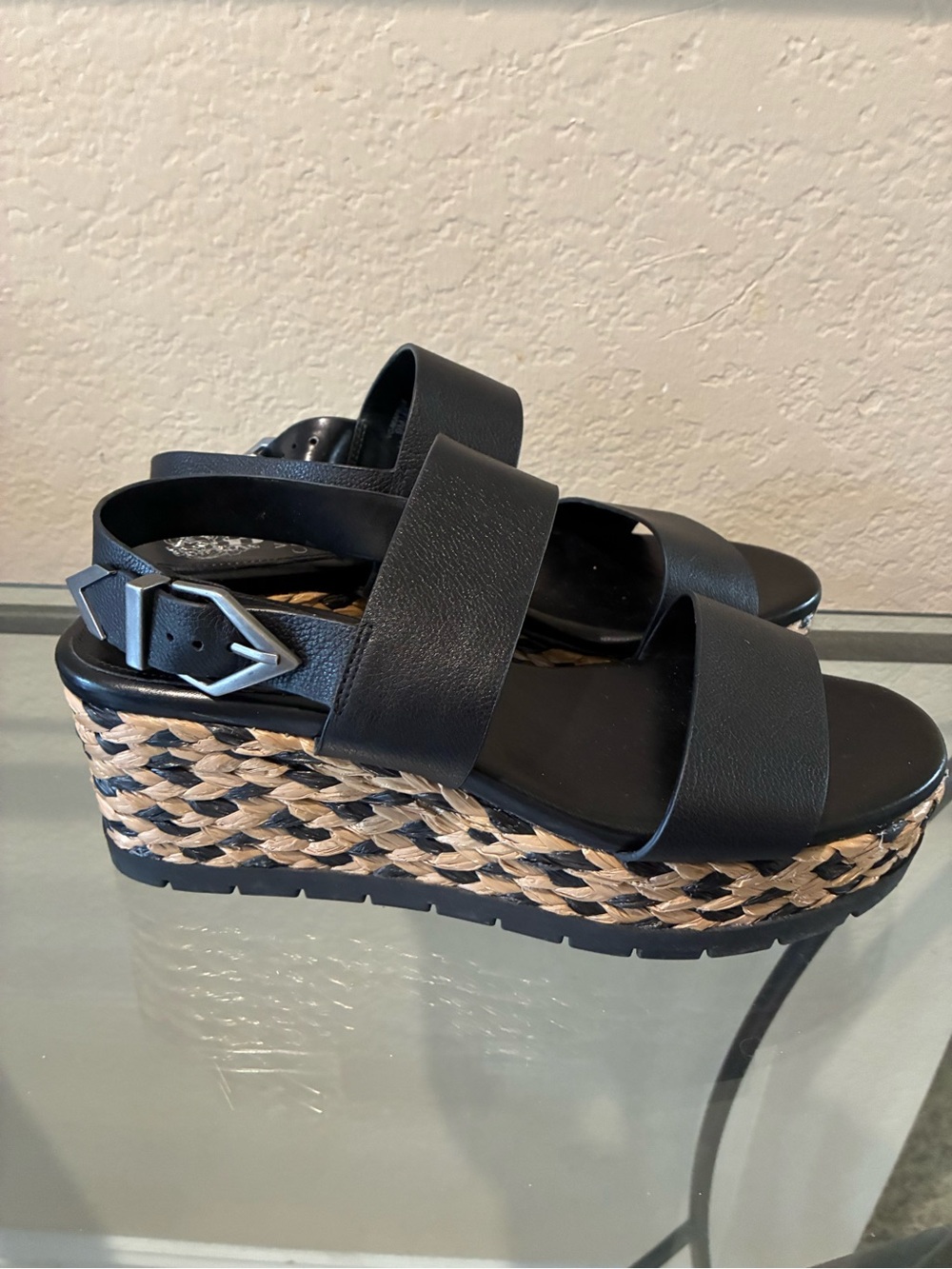 Vince Camuto Miapelle Black and Tan Woven Platform Sandals